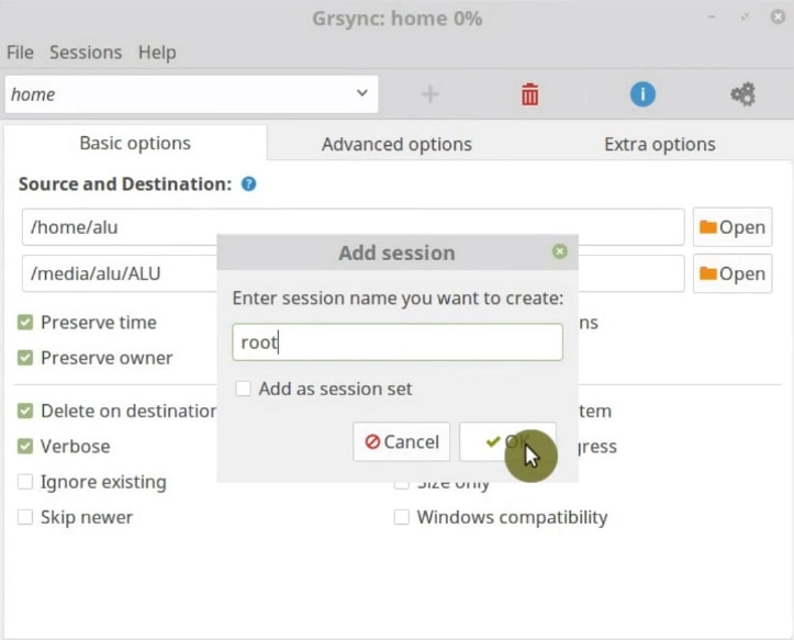 Add the new backup profile in Grsync