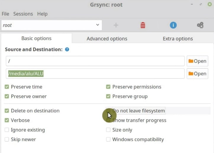 Enable the Do not leave filesystem in Grsync