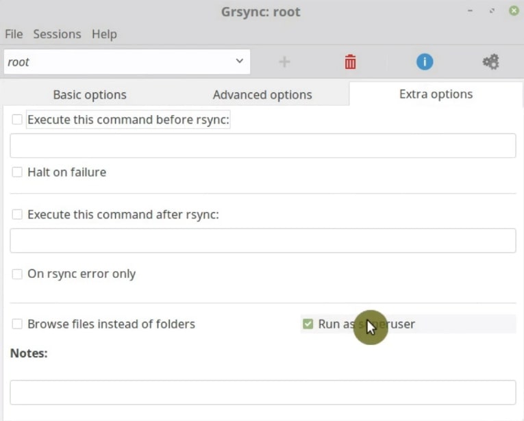 Run the backup as superuser in Grsync