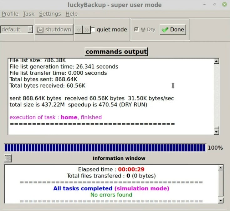 Running the backup with simulation mode  in Luckybackup