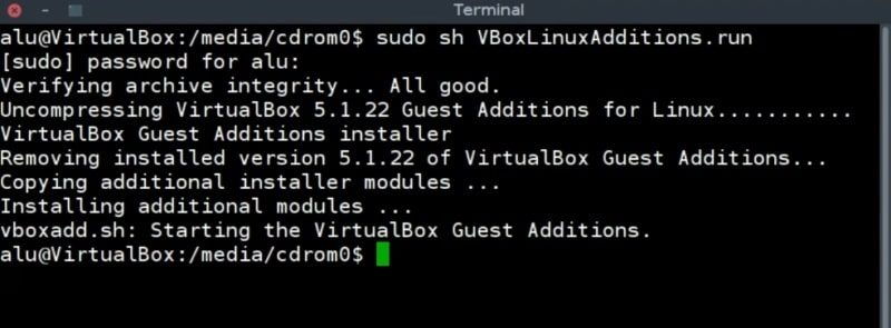 Installing the vboxlinuxaddition script through the terminal in Virtualbox guest