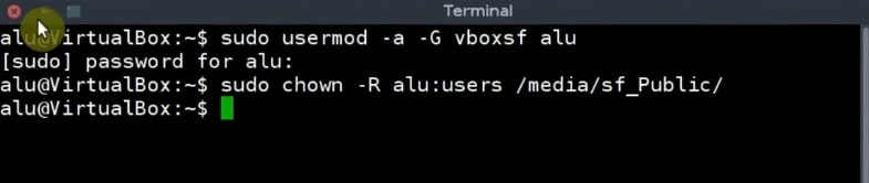 Terminal commands to change the owner of a shared folder in VirtualBox with Debian guest
