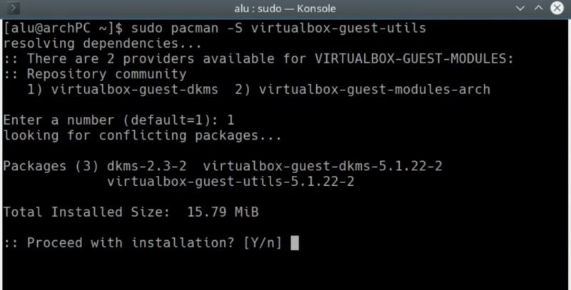 Install the virtualbox guest package on Arch Linux