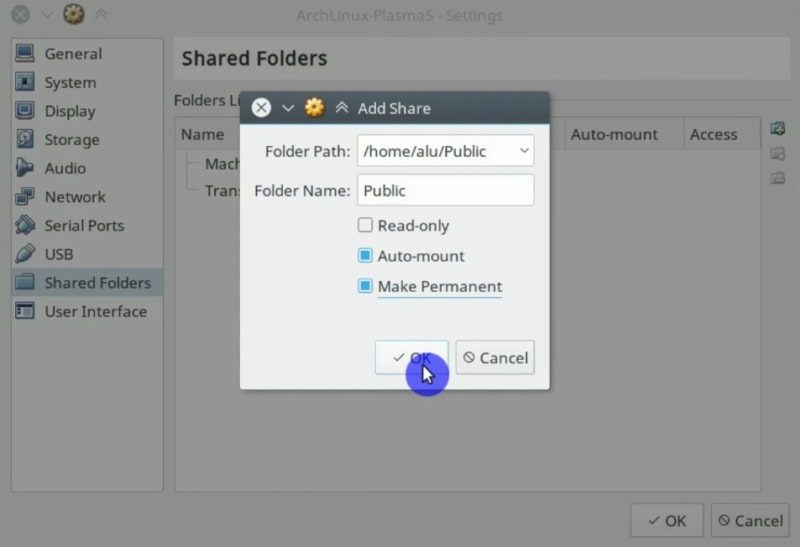Define the options of the shared folder in Virtualbox