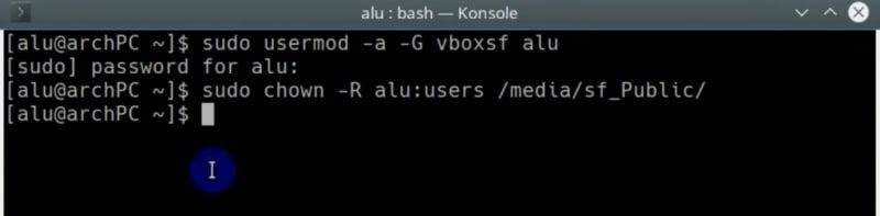 Terminal commands to change the owner of a shared folder in VirtualBox with Arch Linux guest