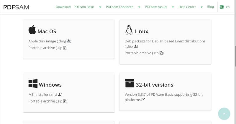 Downloading options for PDFsam Basic on the project website