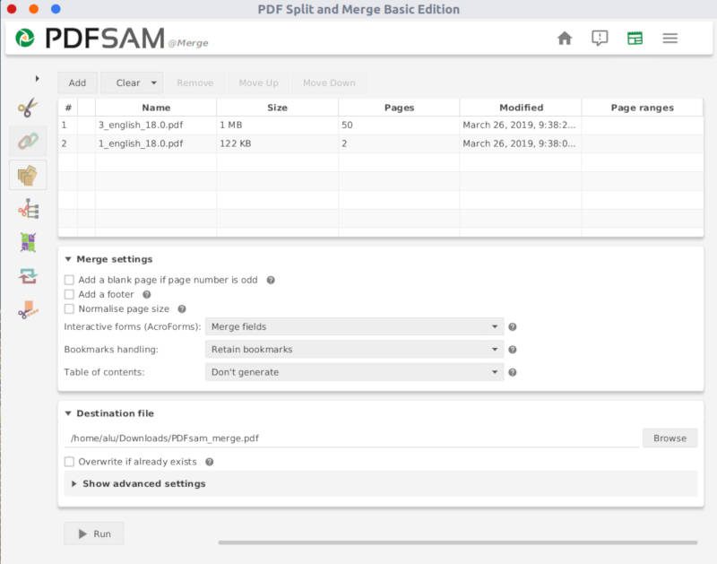PDFsam merge window with a list of files to be merged