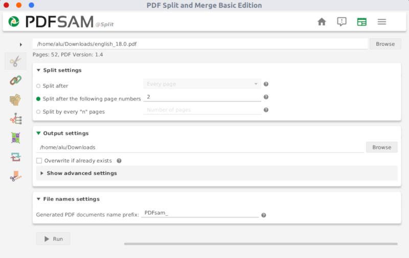 Split screen of PDFsam