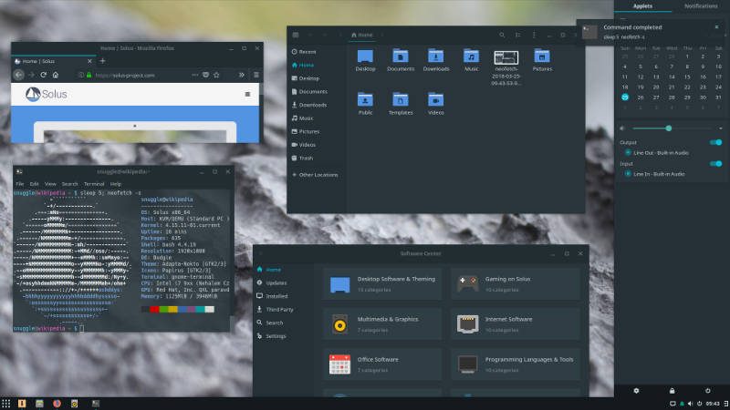 Solus 3 budgie desktop with default dark theme