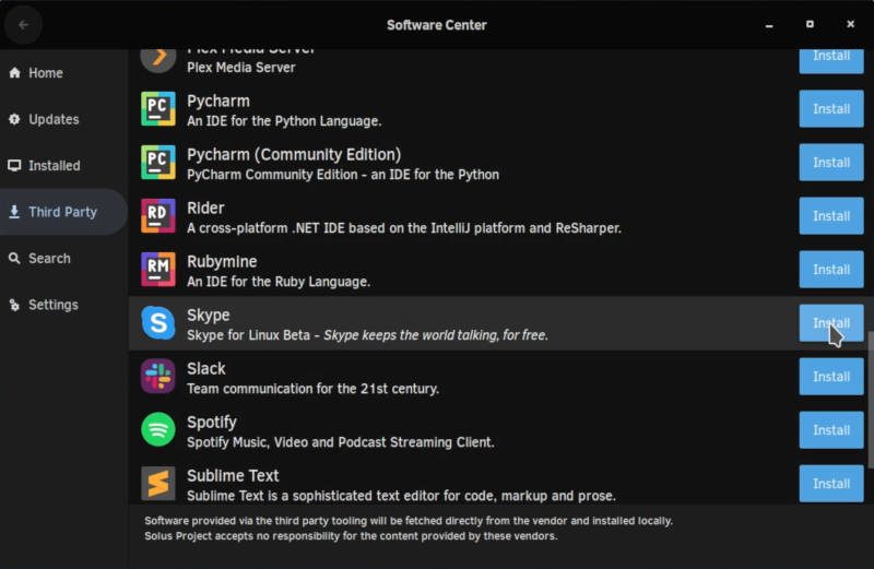 Solus Software Center with Third party apps