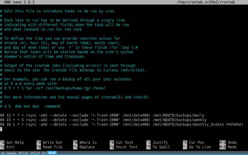 Screenshot of my crontab file to schedule automatic backup in Linux with rsync