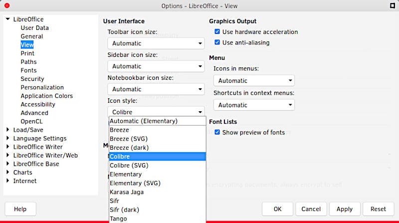 LibreOffice Icons Settings Window