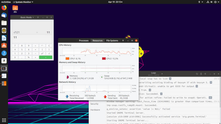 Pre-installed Snaps in Ubuntu 19.04: Calculator, System monitor, Logs