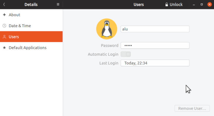 Account setting window in Ubuntu 19.04