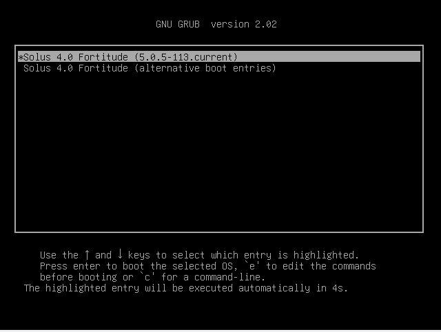 GRUB menu in Solus 4