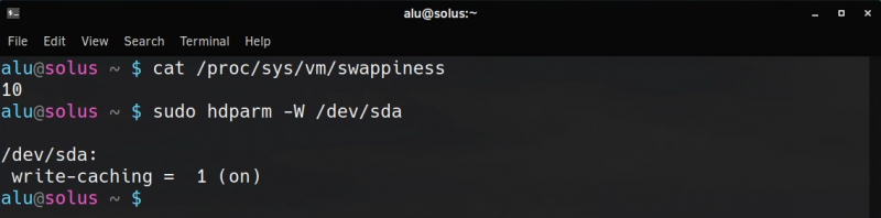 checking swappiness and drive cache settings in Solus 4