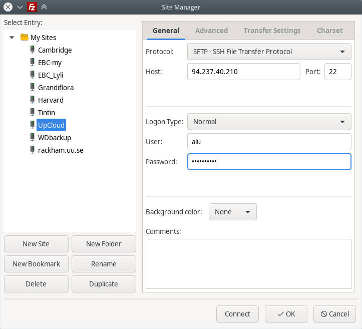 FileZilla SSH connection settings