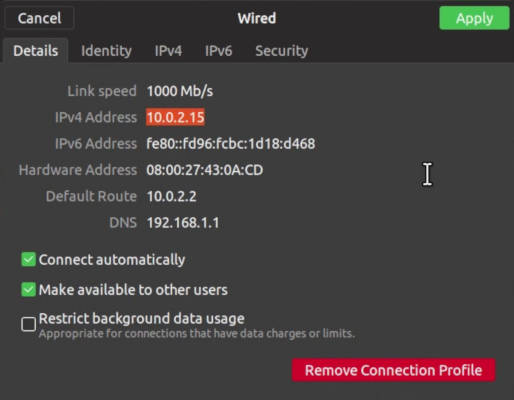 GNOME NetworkSettings IP address