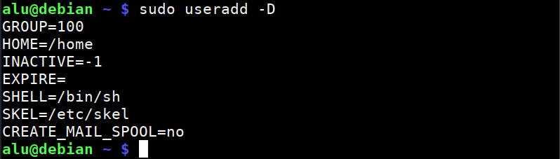 Default options of the command useradd