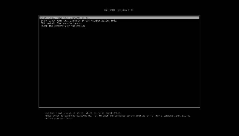 GRUB menu of the Live Linux Mint USB