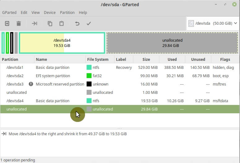 GParted with the resized partition plan