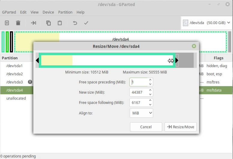 Resize a partition in GParted to get free space