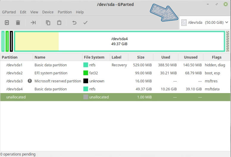 Select the Windows hard drive in GParted