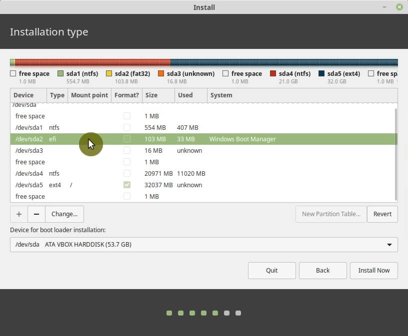 EFI partition is detected by the Linux Mint installer