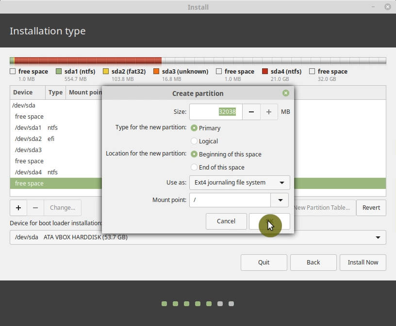 Creating a new Linux partition in the Linux Mint installer