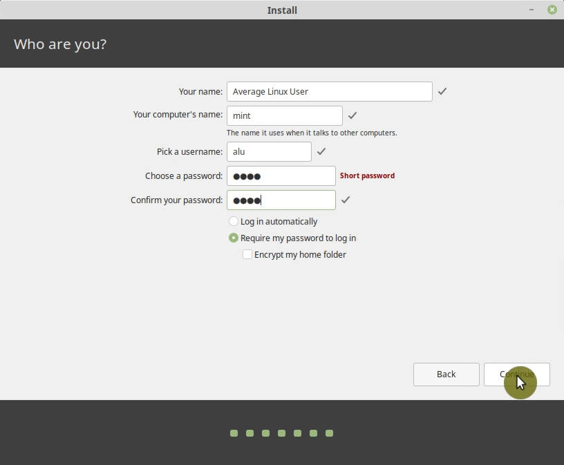 Configure the new user in the Linux Mint installer