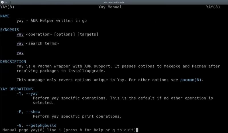 Yay man page on the terminal