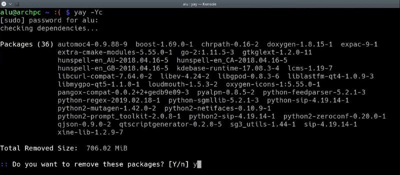 Removing the orphaned packages with Yay
