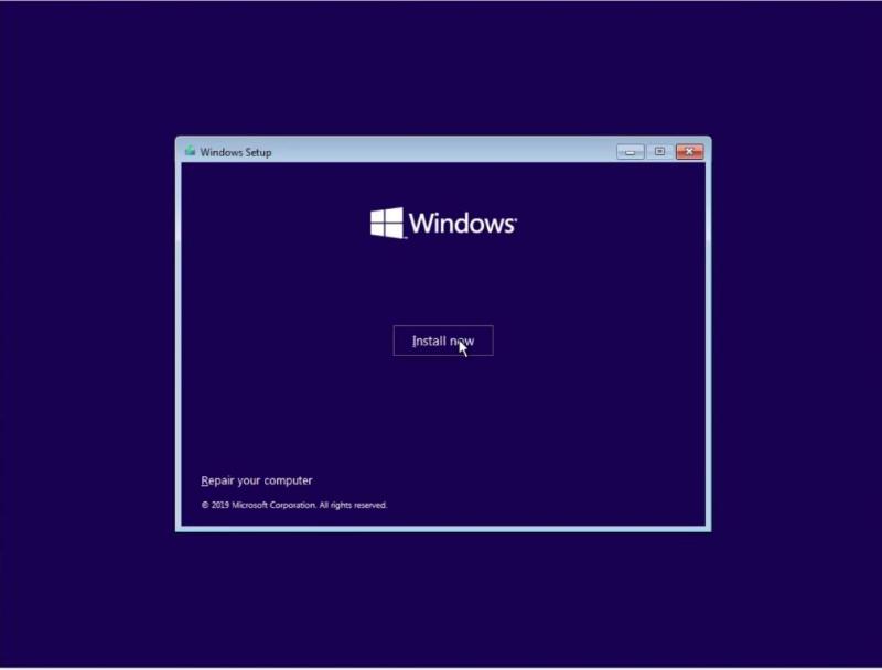 Install now option of Windows 10