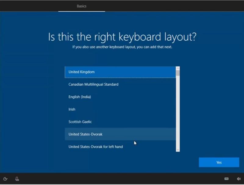 Provide the keyboard layout for Windows 10 installation