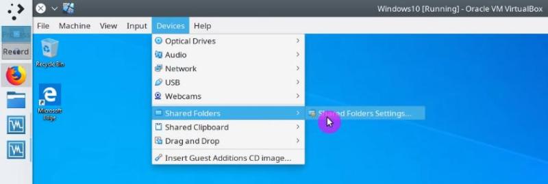 Shared folder option in the VirtualBox menu