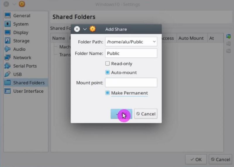 VirtualBox shared folders settings