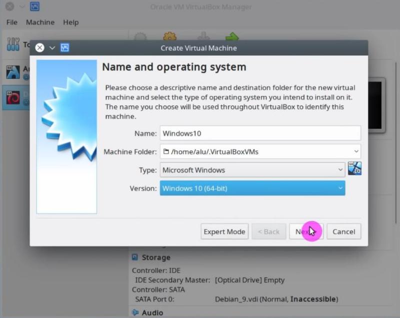 Typing the name of the new virtual machine in VirtualBox