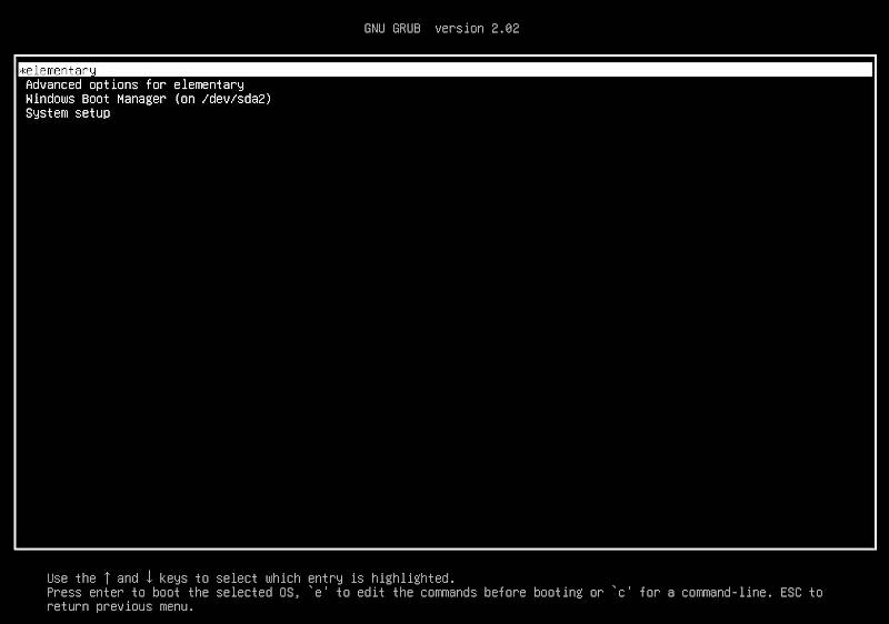 GRUB menu in elementary OS