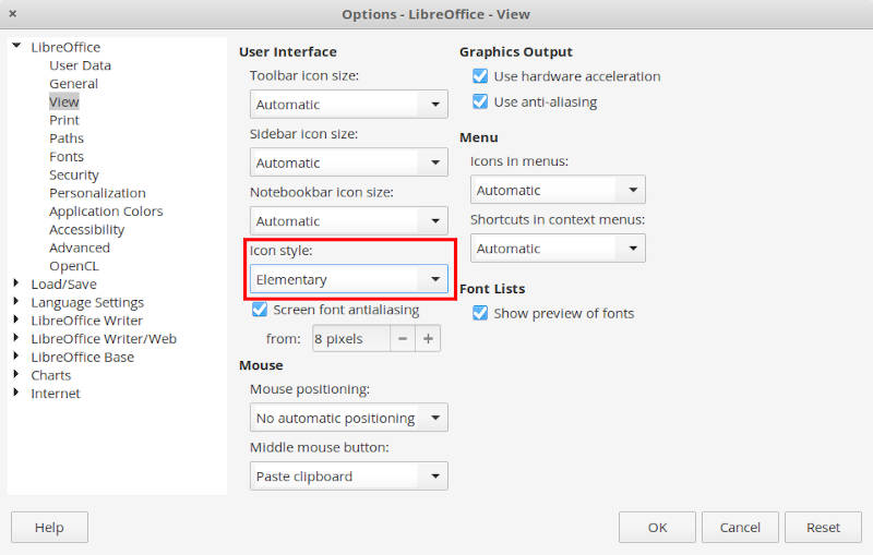 LibreOffice view styles