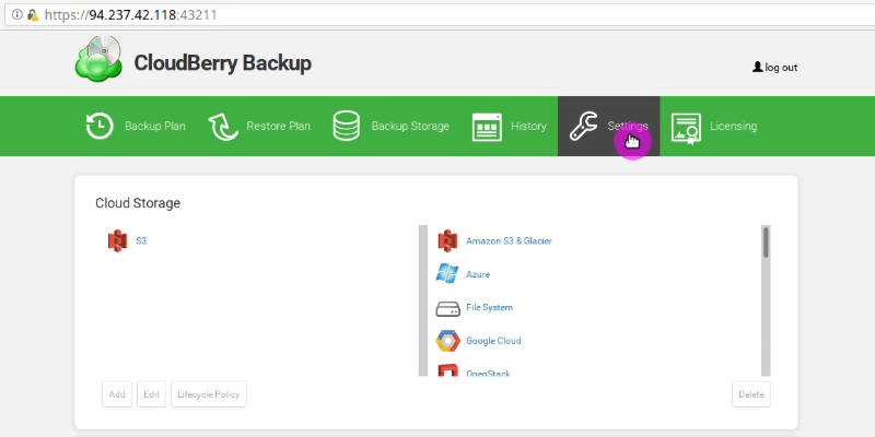 Cloudberry Backup on a Linux Server with the web interface