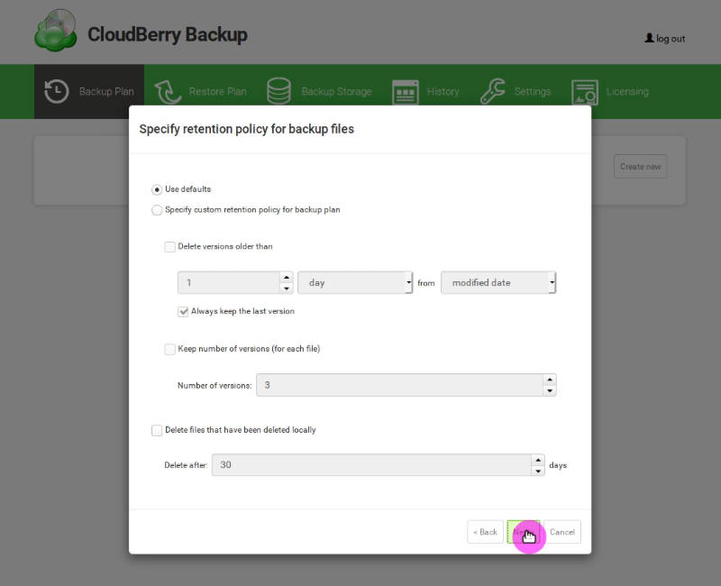 Define the retention policy of backups