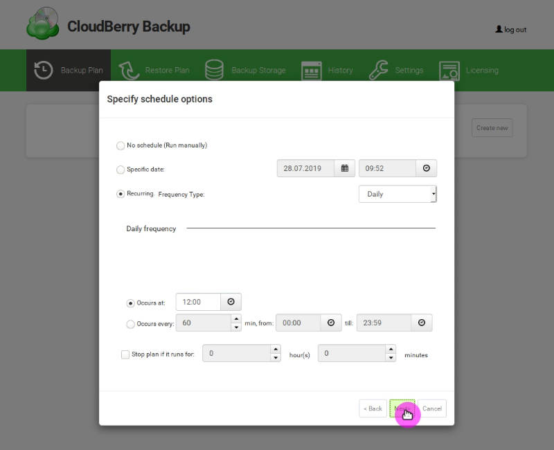 schedule of the block-level backup