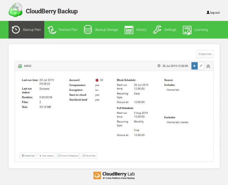 web interface of CloudBerry Backup