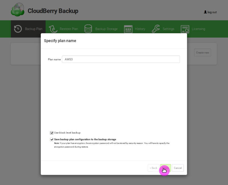 Creating a new backup plan in CloudBerry Backup Web interface