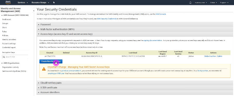 Create New Access Keys for Amazon S3