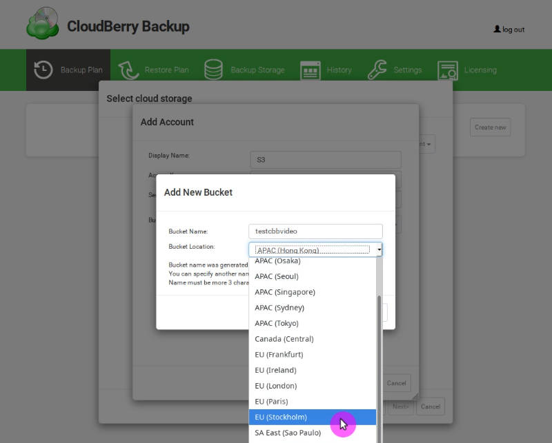 Creating a new Amazon S3 bucket with CloudBerry Backup