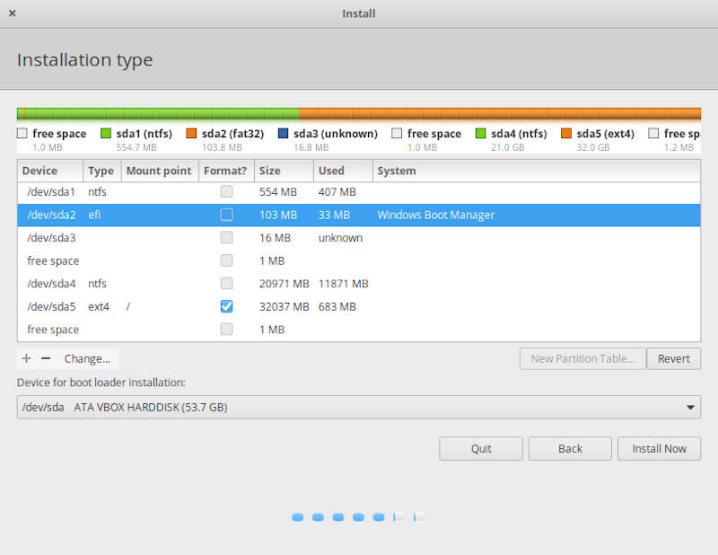partition table in elementary OS installer