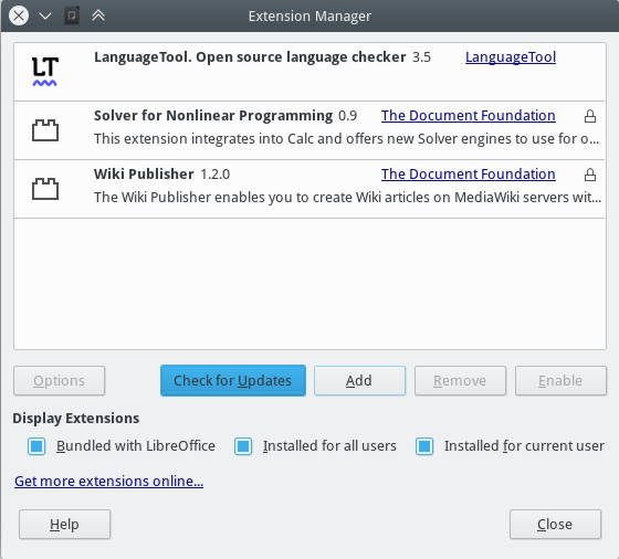 LibreOffice extension manager with LanguageTool installed 