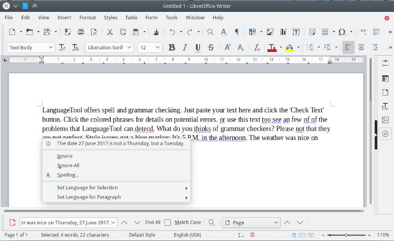 Using the LanguageTool extension in libreOffice