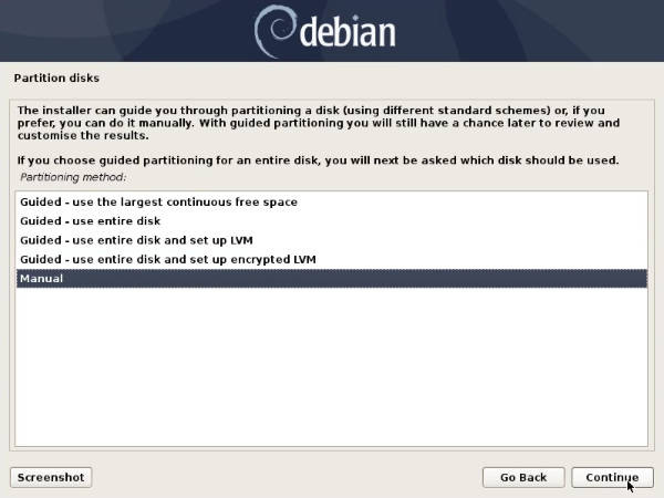 Partitioning screen in the Debian 10 installer